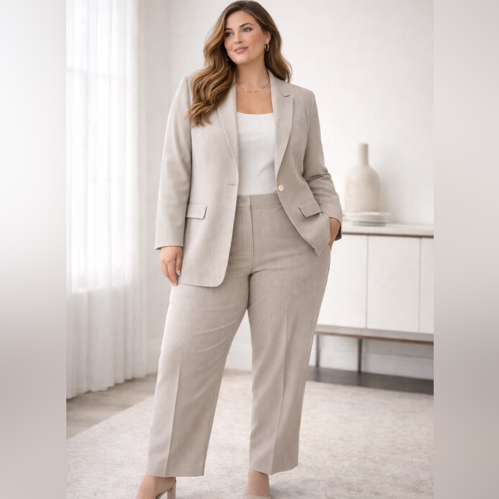 Preston & York Taupe Pinstripe Blazer & Dress Pant Trouser Suit, Pantsuit, Sz 18